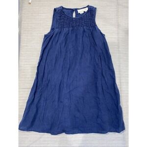 Cynthia Rowley 100% Linen Navy Blue Smocked Shift Dress Size S Costal Light